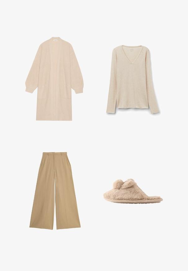 Lang beige strik cardigan med åben front, to frontlommer og ribbede manchetter og kant.; Langærmet V-hals top i lys beige stof med en blød tekstur. Afslappet pasform med lige kant og minimalistisk design.; Beige brede bukser lavet af et let væv, med to sidelommer, flad front og en glat overflade.; Beige, fløjlsblød hjemmesko med to pomponer på toppen og en flad sål, designet til indendørs brug.