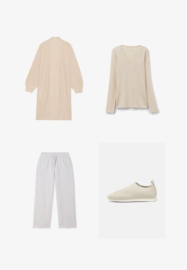 Lange beige gebreide cardigan met open voorkant, twee voorzakken en geribde manchetten en zoom.; Langarm V-hals top in lichtbeige stof met een zachte textuur. Relaxte pasvorm met een rechte zoom en een minimalistisch ontwerp.; Lichtgrijze joggingbroek met wijde pijpen, elastische tailleband en trekkoord, en zakken aan beide zijden.; Beige gebreide instap schoen met een lage profiel, textuur bovenkant en een flexibele zool. Kenmerkt zich door een geweven ontwerp rond de enkel voor comfort.