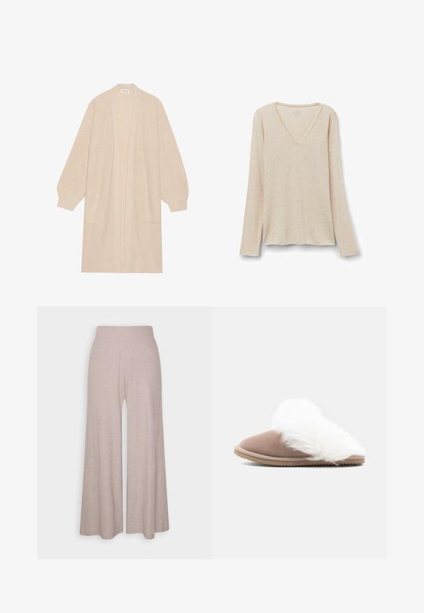 Lang beige strik cardigan med åben front, to frontlommer og ribbede manchetter og kant.; Langærmet V-hals top i lys beige stof med en blød tekstur. Afslappet pasform med lige kant og minimalistisk design.; Lys grå bredbenede bukser lavet af blødt ribbet stof, med høj talje og fuldlængde ben med subtil tekstur.; Brun ruskinds slip-on slippers med tykt, hvidt kunstpelsfor og en skridsikker gummisål, vist fra siden på en hvid baggrund.