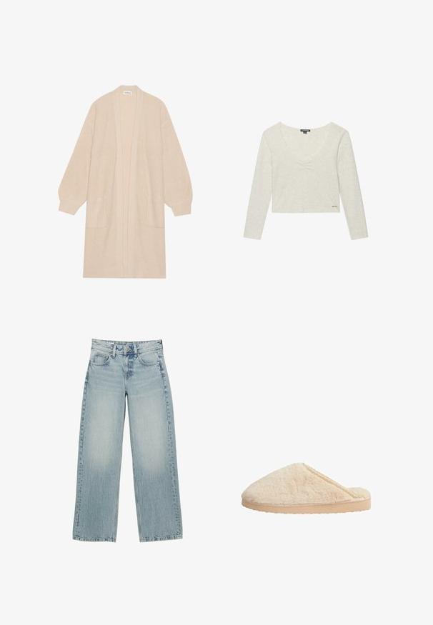 Lang beige strik cardigan med åben front, to frontlommer og ribbede manchetter og kant.; Langærmet, lysebeige cropped top med V-hals og subtil indsamlet detalje midt foran, med et lille logo nær den nederste kant.; Lysblå denim bredbukser med høj talje, der har fem lommer, knaplukning og subtile falmninger for en slidt effekt.; Beige pelslippers med en rund form, tekstureret overflade og en flad, lys farvet gummisål. Har en delikat blondeaccent langs kanten.