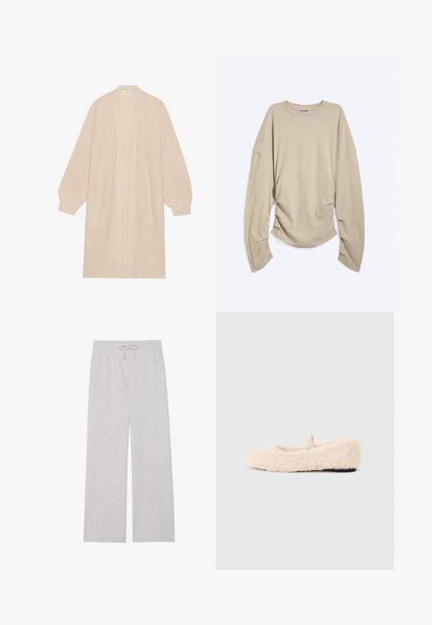 Long cardigan beige en tricot avec un devant ouvert, deux poches avant et des poignets et un ourlet côtelés.; T-shirt beige à manches longues, col rond, avec des manches amples et des côtés froncés, posé à plat sur fond blanc.; Pantalons de survêtement gris clair en mélange de coton doux, dotés d'une coupe large, d'une taille élastique avec cordon de serrage ajustable, et sans poches.; Chausson doux, de couleur crème, avec une texture moelleuse, un bout arrondi, un design minimal et une petite boucle en tissu à l'arrière pour un enfilage facile.