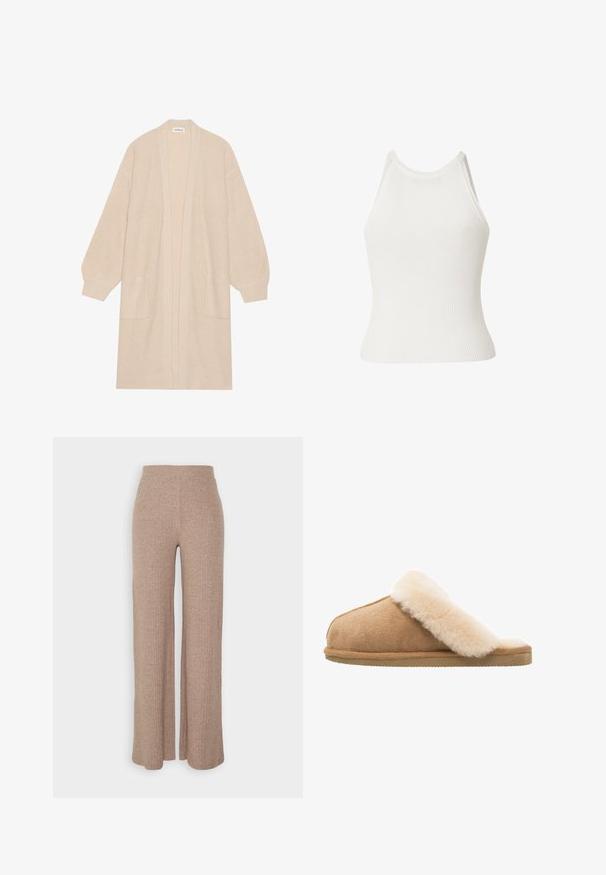 Largo cárdigan de punto beige con frente abierto, dos bolsillos frontales y puños y dobladillo acanalados.; Camiseta sin mangas blanca de canalé con cuello alto, silueta ajustada y ligero vuelo en el bajo.; Pantalones de pierna ancha de canalé en color beige con una cinturilla alta y textura suave, que presentan un corte holgado y sin cierres visibles.; Zapatilla de ante de color beige, con un suave forro de piel de oveja crema. Cuenta con una suela de goma plana y texturizada para mayor agarre.