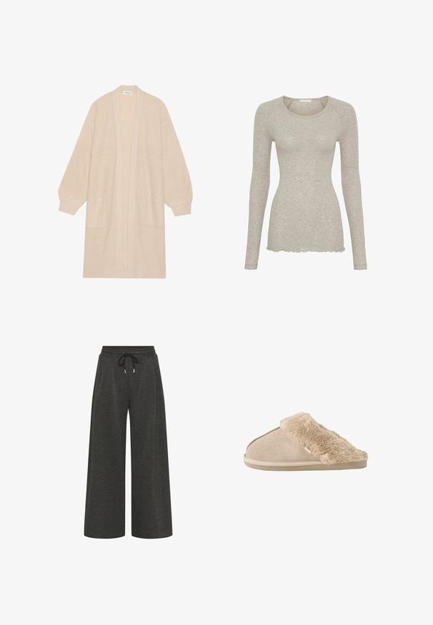 Lang beige strik cardigan med åben front, to frontlommer og ribbede manchetter og kant.; Lys grå langærmet top med rund hals, lavet af blødt stof. Har en bølget kant og en tætsiddende design.; Mørkegrå, bredbenede bukser lavet af blødt stof, med elastisk talje og snøre samt to sidelommer.; Beige slip-on tøfler med blødt ruskind yderside og blødt, fluffy inderfor og manchet, designet til komfort indendørs.