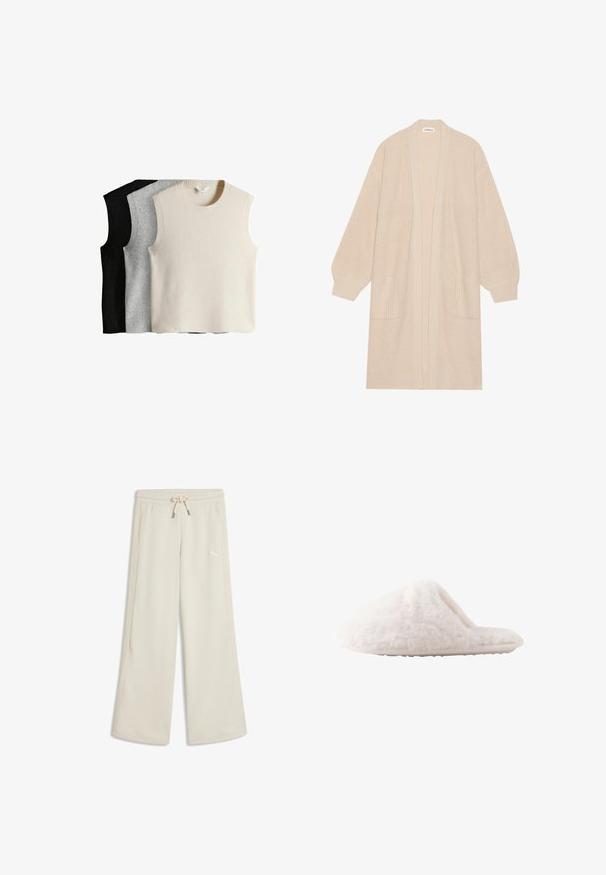 Long cardigan beige en tricot avec un devant ouvert, deux poches avant et des poignets et un ourlet côtelés.; Trois pulls sans manches en crème, gris et noir. Chacun présente un col et un ourlet côtelés, fabriqués en matériau tricoté doux.; Pantalon de survêtement beige à jambes larges avec taille élastique, cordon de serrage, poches latérales et petit logo Puma blanc sur la cuisse gauche.; Chaussons mules blancs en peluche avec une texture épaisse et douce, bout ouvert arrondi, et semelle en caoutchouc plate antidérapante. Sans éléments visibles ni motifs.