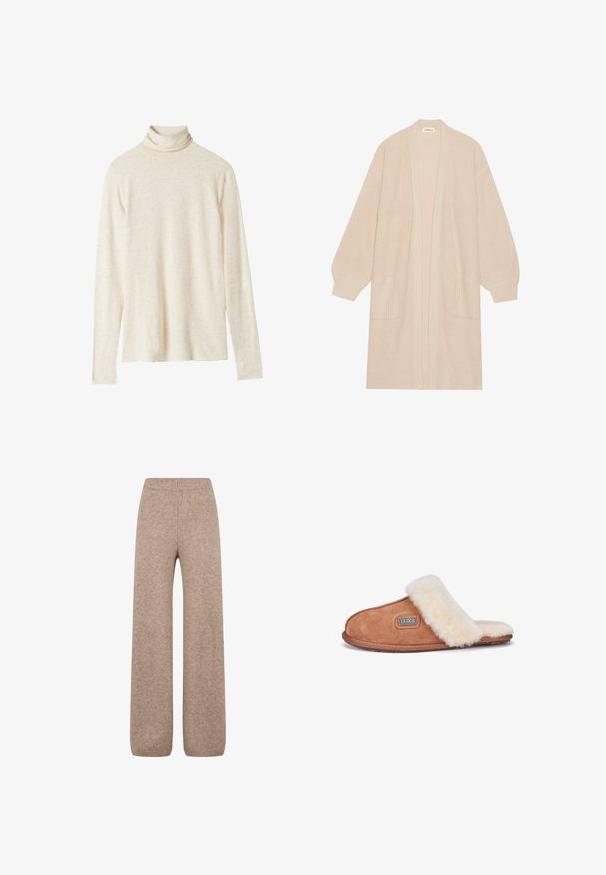 Largo cárdigan de punto beige con frente abierto, dos bolsillos frontales y puños y dobladillo acanalados.; Sudadera de cuello alto en color beige, de manga larga, fabricada en una tela suave, con un corte holgado, una sutil textura y sin patrones ni acentos visibles.; Pantalones de punto de pierna ancha en un tono marrón claro con una cinturilla y puños acanalados, confeccionados con una tela suave y texturizada. No se ven bolsillos.; Zapatilla de ante marrón con una correa y forro de borrego de color crema, puntera redondeada, suela plana y un logo en el lateral.
