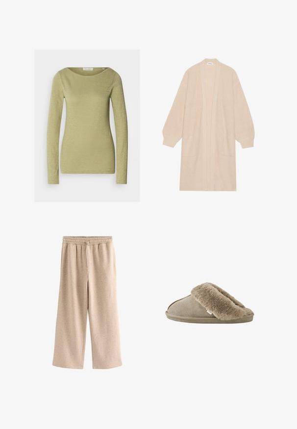 Lange beige gebreide cardigan met open voorkant, twee voorzakken en geribde manchetten en zoom.; Langemouwige top in licht olijfgroen, gemaakt van een zachte, gestructureerde stof. Heeft een brede halslijn en een aansluitende silhouet.; Beige broek met wijde pijpen, een elastische tailleband en een koordje, gemaakt van een zachte, gevlekte stof.; Beige instapslof met zachte, pluche bontvoering rond de opening en een suède-achtige buitenzool.