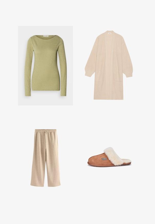 Lange beige gebreide cardigan met open voorkant, twee voorzakken en geribde manchetten en zoom.; Langemouwige top in licht olijfgroen, gemaakt van een zachte, gestructureerde stof. Heeft een brede halslijn en een aansluitende silhouet.; Crème-kleurige wijde broek gemaakt van een zachte katoenmix. Heeft een elastische tailleband met trekkoord en een subtiele gespikkelde textuur.; Bruine suède pantoffel met een crèmekleurige schapenvachtband en voering, ronde neus, platte zool en een logo aan de zijkant.