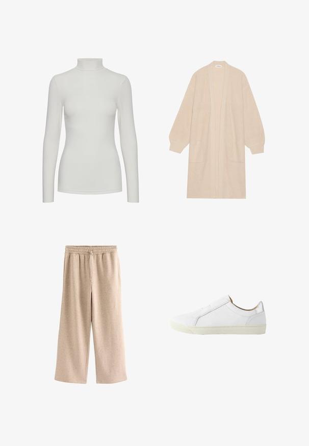 Long cardigan beige en tricot avec un devant ouvert, deux poches avant et des poignets et un ourlet côtelés.; Haut à manches longues blanc en col roulé, fabriqué en tissu lisse, avec une silhouette ajustée et des coutures minimales pour un aspect épuré.; Pantalon beige à jambes larges avec taille élastique et cordon, en tissu doux et moucheté.; Baskets en cuir blanc à tige basse avec fermeture éclair latérale, doublure intérieure beige et semelle en caoutchouc blanc cassé, vues de profil extérieur.