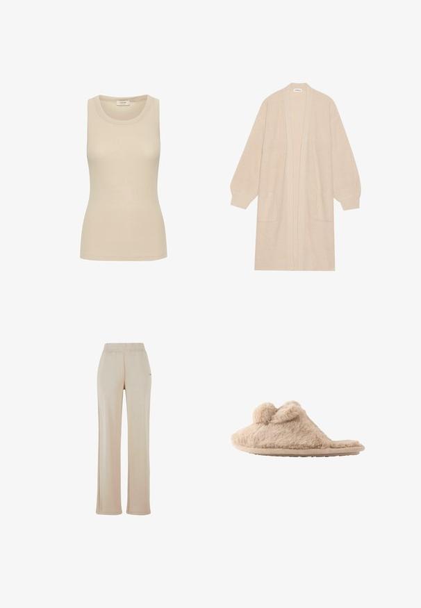 Largo cárdigan de punto beige con frente abierto, dos bolsillos frontales y puños y dobladillo acanalados.; Top blanco de tirantes hecho de tejido acanalado con escote redondo y diseño sin mangas. Textura suave y corte ajustado.; Pantalones de chándal beige de pierna ancha con cinturilla elástica y costuras laterales sutiles. Fabricados con un material suave y texturizado. Sin logotipos visibles.; Zapatilla beige y peluda que se pone deslizando, con dos pompones en la parte superior y suela plana, diseñada para uso en interiores.