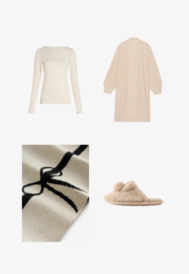 Long cardigan beige en tricot avec un devant ouvert, deux poches avant et des poignets et un ourlet côtelés.; Haut à manches longues en blanc cassé, fabriqué en tissu doux, avec un col rond et une silhouette ajustée. Texture lisse sans motifs ni accents.; Tissu avec un fond crème présentant un motif de nœud noir proéminent. Texture douce, tissu tissé avec fibres et motifs visibles.; Chausson beige duveteux à enfiler avec deux pompons sur le dessus et une semelle plate, conçu pour une utilisation intérieure.