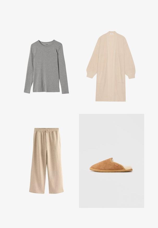 Largo cárdigan de punto beige con frente abierto, dos bolsillos frontales y puños y dobladillo acanalados.; Camiseta de manga larga gris hecha de tejido suave, con cuello redondo y corte recto; textura lisa sin patrones ni adornos.; Pantalones de pierna ancha beige fabricados con una tela suave, con una cinturilla elástica y cordones, y una sutil textura moteada en toda su superficie.; Zapatilla de ante marrón con un suave forro de lana de color crema y suela de goma marrón. Presenta una punta redondeada y un diseño de corte lateral.