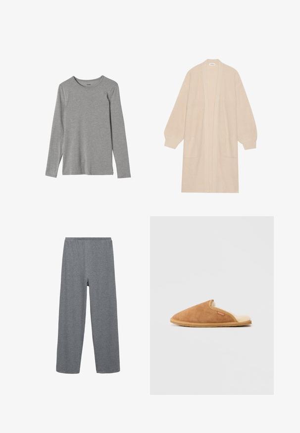 Long cardigan beige en tricot avec un devant ouvert, deux poches avant et des poignets et un ourlet côtelés.; T-shirt gris à manches longues en tissu doux, avec un col rond et une coupe droite ; texture lisse sans motifs ni embellissements.; Pantalons larges gris en mélange de coton avec une taille élastique, présentant une texture lisse et un design simple et dépouillé.; Pantoufle en daim marron avec une doublure en polaire crème douce et une semelle en caoutchouc beige. Elle présente un bout rond et un design avec des découpes sur le côté.