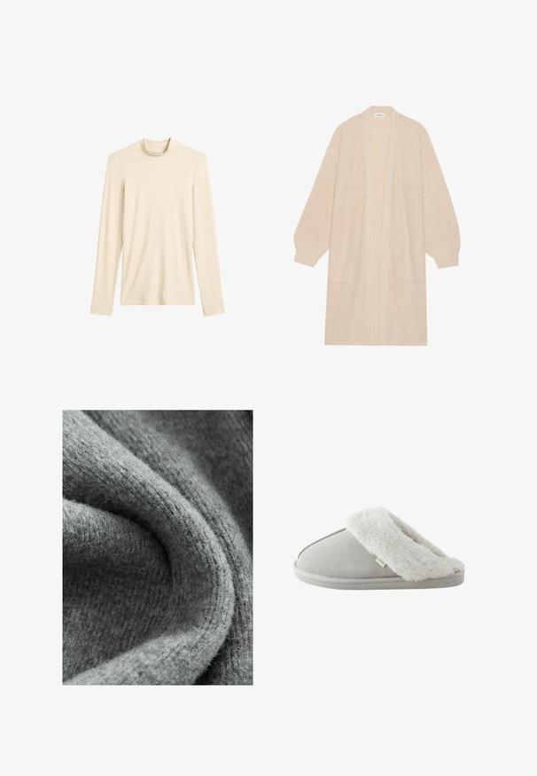 Largo cárdigan de punto beige con frente abierto, dos bolsillos frontales y puños y dobladillo acanalados.; Camiseta de punto de manga larga color crema con cuello alto, diseño simple y etiqueta de marca visible en el interior del escote.; Tela gris con una superficie suave y texturizada, que presenta una mezcla de fibras finas y un sutil patrón acanalado, plegada y arrugada.; Zapatilla de color gris claro, tipo slip-on, con forro y suela de piel sintética blanca y suave etiquetada como "NEXT,", vista de lado sobre un fondo blanco.