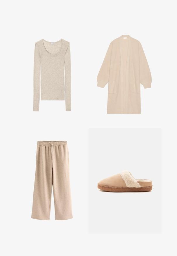 Largo cárdigan de punto beige con frente abierto, dos bolsillos frontales y puños y dobladillo acanalados.; Camiseta de manga larga en beige claro, con escote redondeado y tejido suave de textura lisa, diseñada para un corte ajustado.; Pantalones beige de pierna ancha con cintura elástica y cordón, hechos de una tela suave y moteada.; Zapatilla beige sin cordones con forro blanco suave y esponjoso y suela de goma marrón, vista de lado sobre un fondo liso.