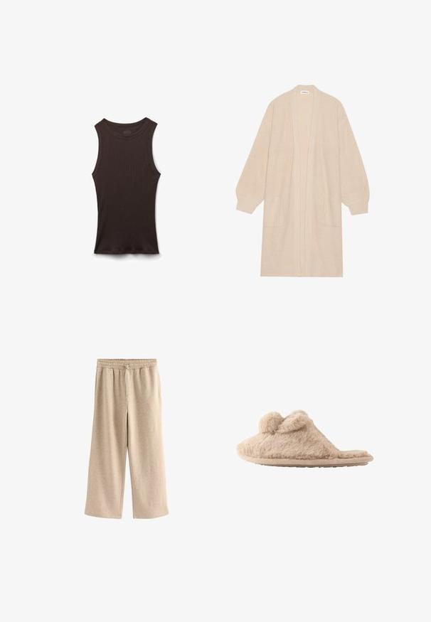 Lang beige strik cardigan med åben front, to frontlommer og ribbede manchetter og kant.; Ærmeløs sort ribstrikket tanktop med rund halsudskæring, vist liggende fladt på en hvid baggrund.; Cremefarvede breddebenede bukser lavet af blødt bomuldsblandingsstof. Har en elastisk talje med snor og en subtil plettet tekstur.; Beige, fløjlsblød hjemmesko med to pomponer på toppen og en flad sål, designet til indendørs brug.