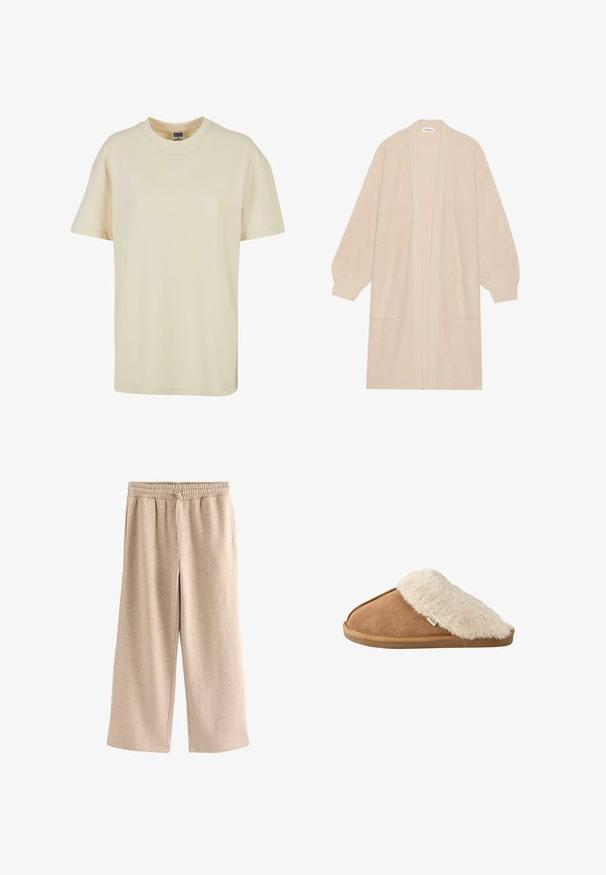 Long cardigan beige en tricot avec un devant ouvert, deux poches avant et des poignets et un ourlet côtelés.; T-shirt à col rond de couleur crème en coton doux. Il présente des manches courtes et une coupe décontractée, sans motifs ni accents visibles.; Pantalon beige à jambes larges avec taille élastique et cordon, en tissu doux et moucheté.; Chausson marron à enfiler avec doublure et semelle en fausse fourrure beige douce, vue de côté sur fond blanc.