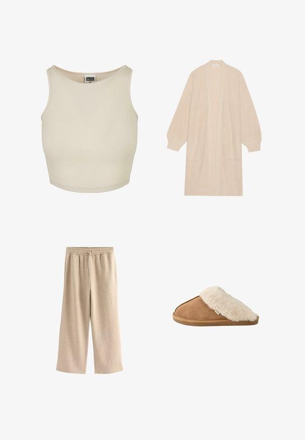 Lang beige strik cardigan med åben front, to frontlommer og ribbede manchetter og kant.; Beige ribbet crop top med rund halsudskæring og ærmeløs design. Har en ensfarvet tekstur og en diskret mærkeetiket inde i halsen.; Beige vide benbukser lavet af blødt stof, med en elastisk talje og snor, og en diskret prikket tekstur hele vejen igennem.; Brun slip-on tøffel med blød beige imiteret pelsforing og sål, vist fra siden på hvid baggrund.