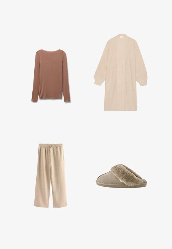 Largo cárdigan de punto beige con frente abierto, dos bolsillos frontales y puños y dobladillo acanalados.; Camiseta de manga larga color marrón claro con cuello redondo, de textura simple y lisa, mostrada extendida sobre un fondo blanco.; Pantalones de pierna ancha color crema, hechos de una suave mezcla de algodón. Presentan una cintura elástica con cordón y una sutil textura moteada.; Zapatilla beige sin talón con forro interior de suave piel sintética alrededor de la abertura y suela exterior con apariencia de ante.