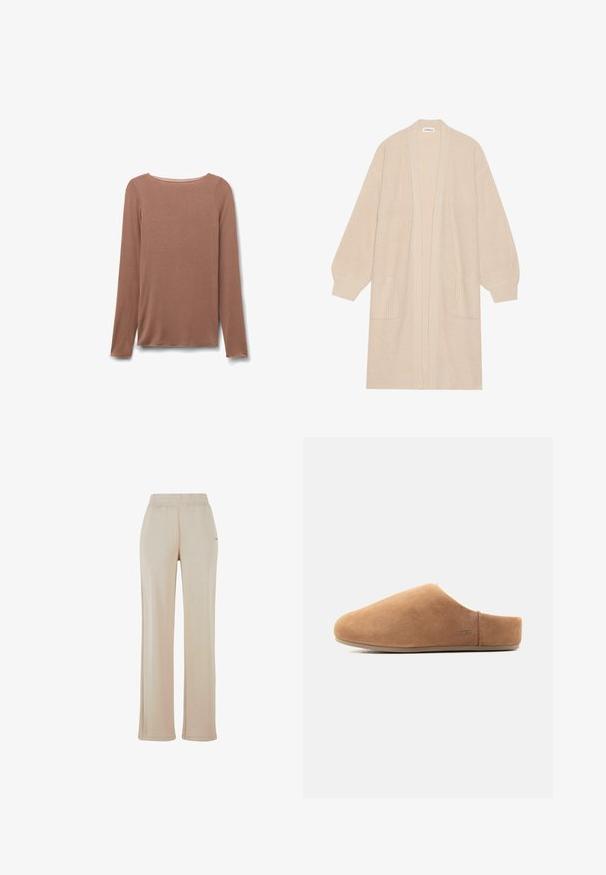 Largo cárdigan de punto beige con frente abierto, dos bolsillos frontales y puños y dobladillo acanalados.; Camiseta de manga larga color marrón claro con cuello redondo, de textura simple y lisa, mostrada extendida sobre un fondo blanco.; Pantalones de chándal beige de pierna ancha con cinturilla elástica y costuras laterales sutiles. Fabricados con un material suave y texturizado. Sin logotipos visibles.; Zapatilla tipo slip-on de ante color canela con puntera cerrada, talón abierto, suela plana y pequeño logo UGG en el lateral, mostrada de perfil.