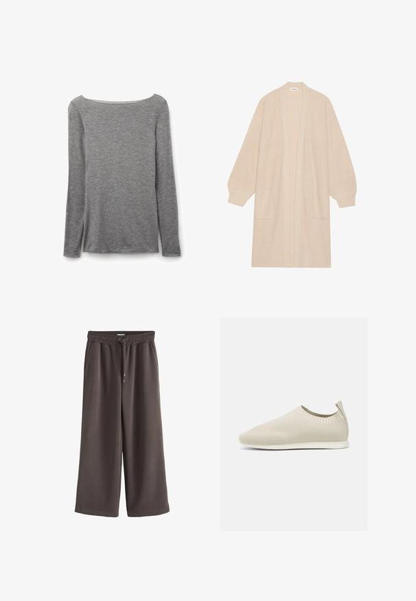 Lang beige strik cardigan med åben front, to frontlommer og ribbede manchetter og kant.; Grå tætsiddende top med lange ærmer og bred bådudskæring, lavet af blødt, let strikstof.; Bredbenede mørkegrå bukser med elastisk linning og snøre, med sidelommer og glat, behageligt stof.; Beige strikket slip-on sko med lav profil, tekstureret overdel og fleksibel sål. Har et vævet design omkring anklene for komfort.