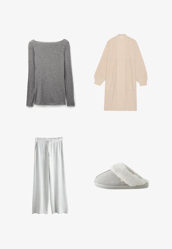 Lange beige gebreide cardigan met open voorkant, twee voorzakken en geribde manchetten en zoom.; Grijze nauwsluitende top met lange mouwen en een brede boothals, gemaakt van zachte, lichte gebreide stof.; Lichtgrijze oversized sweatpants gemaakt van zacht stof, met een elastische tailleband met een trekkoord en twee zijzakken.; Lichtgrijze instappantoffel met zachte witte nepbonten voering en zool met label "NEXT,", gezien vanaf de zijkant tegen een witte achtergrond.