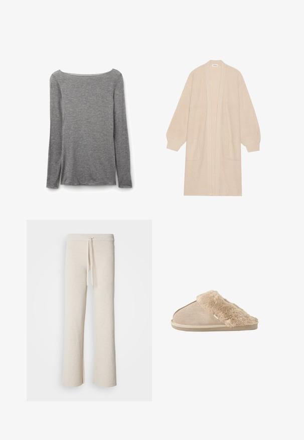 Lange beige gebreide cardigan met open voorkant, twee voorzakken en geribde manchetten en zoom.; Grijze nauwsluitende top met lange mouwen en een brede boothals, gemaakt van zachte, lichte gebreide stof.; Beige wijde broek gemaakt van zachte stof, met een elastische tailleband met een trekkoord en zijsplitten aan de onderkant.; Beige instappantoffel met zachte suède buitenkant en een zachte, pluizige voering en boord, ontworpen voor binnencomfort.