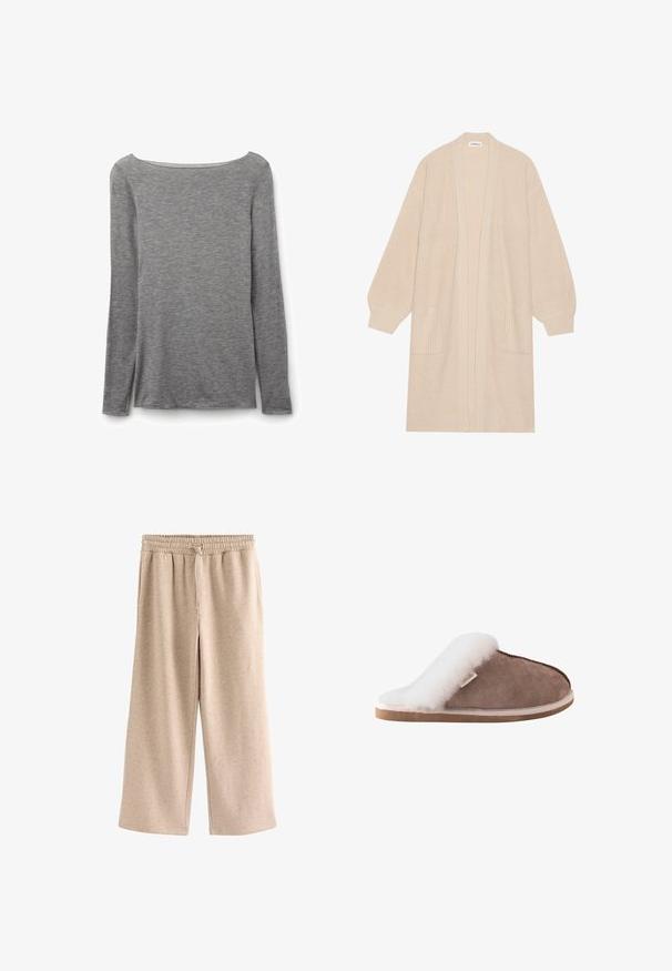 Lange beige gebreide cardigan met open voorkant, twee voorzakken en geribde manchetten en zoom.; Grijze nauwsluitende top met lange mouwen en een brede boothals, gemaakt van zachte, lichte gebreide stof.; Beige broek met wijde pijpen, een elastische tailleband en een koordje, gemaakt van een zachte, gevlekte stof.; Enkele bruine slip-on pantoffel met witte, pluizige voering en lage hak, zijaanzicht op witte achtergrond.