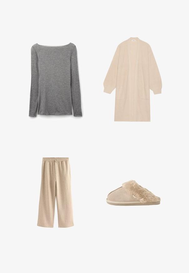 Lange beige gebreide cardigan met open voorkant, twee voorzakken en geribde manchetten en zoom.; Grijze nauwsluitende top met lange mouwen en een brede boothals, gemaakt van zachte, lichte gebreide stof.; Crème-kleurige wijde broek gemaakt van een zachte katoenmix. Heeft een elastische tailleband met trekkoord en een subtiele gespikkelde textuur.; Beige instappantoffel met zachte suède buitenkant en een zachte, pluizige voering en boord, ontworpen voor binnencomfort.