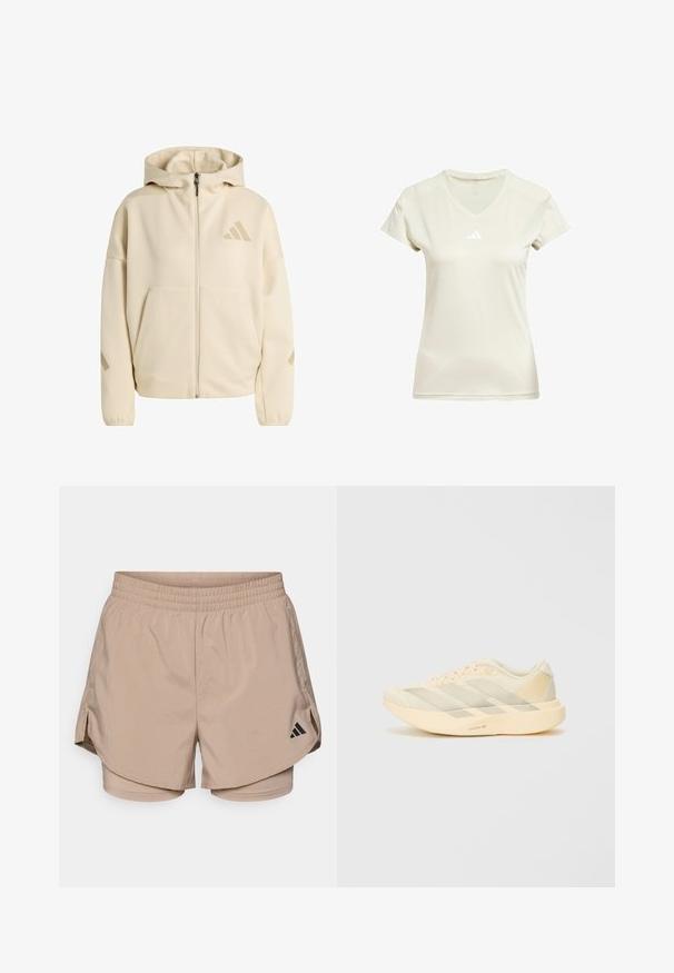 Béžová bunda na zips s kapucňou, dlhými rukávmi, elastickými manžetami, prednými vreckami a jemným logom na hrudi a rukávoch.; Tričká s výstrihom do V v svetlobéžovej farbe, krátke rukávy, s bielym logom Adidas na hrudi a s textúrovaným akcentom pozdĺž výstrihu.; Béžové športové šortky s pásom, s bočnými rozparkami a vnútornými šortkami. Čierne logo Adidas na spodnej ľavej strane. Hladká textúra látky.; Ľahká atletická obuv v bledom žltom a smotanovom prevedení, s textúrovaným vrchom z sieťoviny, tromi diagonálnymi pruhmi a hrubou podrážkou s detailom "LIGHTSTRIKE PRO".