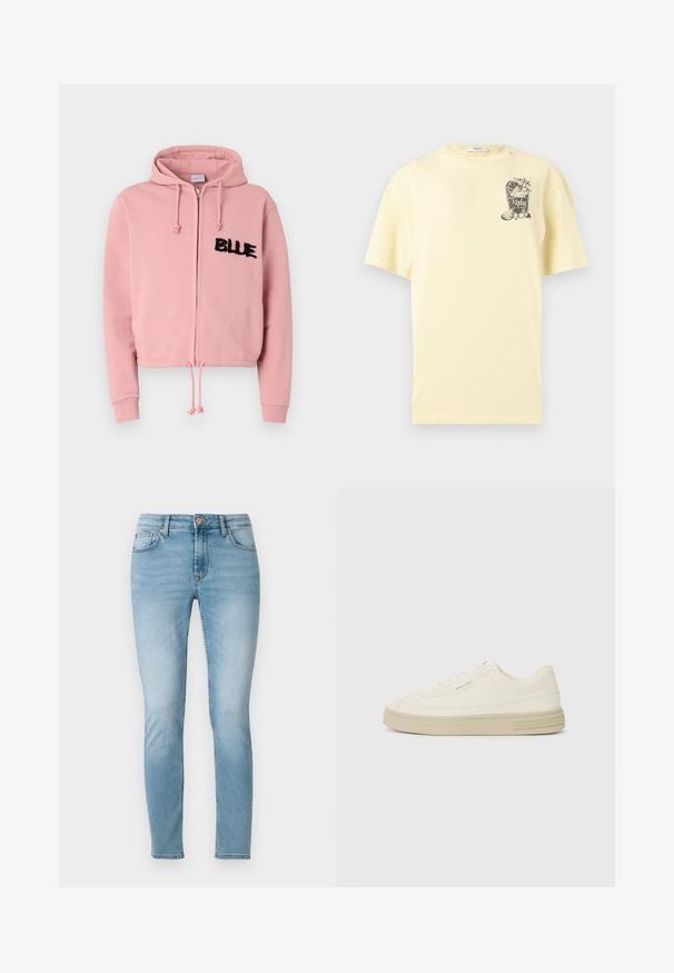 Svetloružový cropped hoodie s predným zipsom, šnúrkou a dvoma prednými vreckami. Obsahuje čierny plyšový nápis "BLUE" a cvočky.; Svetložlté tričko s krátkym rukávom s malou grafikou koktailovej pohára, plátkami citróna a textom "Replay club 81" na hrudi.; Svetlomodré slim rifle vyrobené z denimu, s stredne vysokým pásom, piatimi vreckami a jemným blednutím na stehnách. Zapínanie na gombík v páse.; Biele plátenné tenisky s textúrovanou gumovou podrážkou, so šitým špičkovým krytom a logom na päte. Jednoduchý dizajn so šnurovaním.