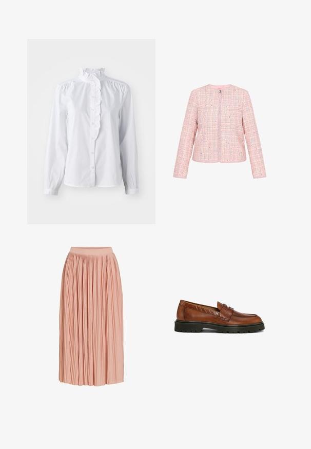 Roze tweed jasje met een gestructureerd patroon, licht glinsterende accenten, ronde halslijn en een ritssluiting aan de voorkant. Lange mouwen.; Witte blouse met lange mouwen, met een gerimpelde hoge kraag en verticale ruches aan de voorkant. Lichtgewicht katoenen stof.; Lichtroze midi-rok met plooien en een brede tailleband, gemaakt van lichtgewicht stof, weergegeven tegen een witte achtergrond.; Bruine leren loafers met een gestructureerd accent; ronde neus en gestikte details; robuuste zwarte rubberen buitenzool voor grip.