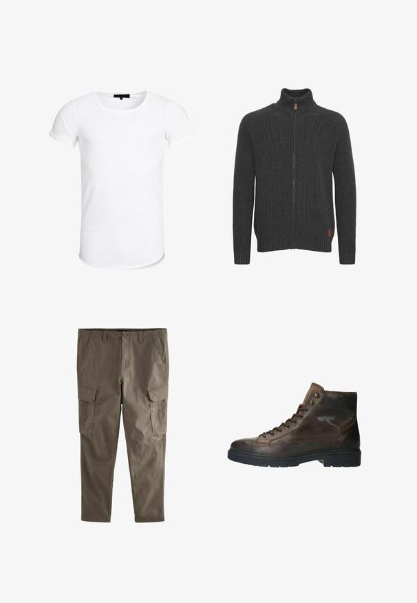 Sweatshirt zippé gris charbon avec une texture côtelée, un col montant et un patch logo en cuir marron en bas à gauche.; T-shirt blanc à manches courtes avec un col rond, fabriqué dans un tissu léger avec une texture subtile et un ourlet incurvé.; Pantalons cargo en tissu vert olive, dotés de multiples poches latérales, d'une coupe droite et d'une fermeture éclair avec un bouton.; Manfield Bottines à lacets - braun