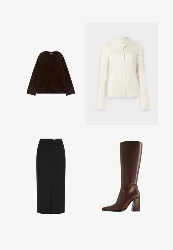 Mørkebrun, fluffy cardigan med V-hals, lange ærmer og enkelt knaplukning foran. Blød tekstur og oversized pasform.; Off-white langærmet skjorte med knapper, bred krave og figursyet talje, præsenteret mod en plain lys baggrund.; Sort midi pencilnederdel med høj talje, frontslids og skjult lynlås på hvid baggrund.; Brun knæhøj læderstøvle med spids tå og robust midthøj hæl vist i sideprofil på hvid baggrund.