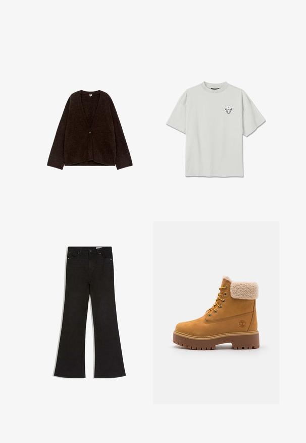 Donkerbruine, pluizige cardigan met een V-hals, lange mouwen en een enkele knoopsluiting aan de voorkant. Zachte textuur en oversized pasvorm.; Lichtgrijs oversized T-shirt met korte mouwen en een klein zwart-wit geometrisch logo op de linkerborst.; Zwarte jeans met hoge taille, voor- en achterzakken, knoop- en ritssluiting, en uitlopende pijpen, plat gelegd op een witte achtergrond.; Tan suède laars met een nepbont kraag, gouden oogjes en een contrasterende rubberen zool. Voorzien van een logo op de zijkant en een gestructureerde loopvlak.
