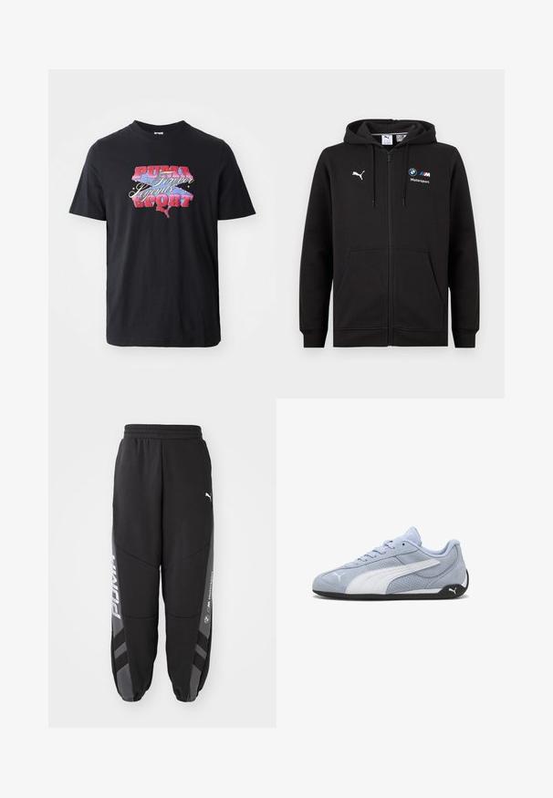 Schwarzer Kapuzenpullover mit durchgehendem Reißverschluss, Kapuze und Fronttaschen, mit weißem Puma-Logo und BMW M Motorsport-Logos auf der Brust.; Schwarzes Kurzarm-T-Shirt aus Baumwolle mit einem bunten Grafikdruck, auf dem der Text "PUMA Forever Legends SPORT" zu sehen ist.; Schwarze Jogginghosen aus weichem Material. Mit elastischem Bund, schmal zulaufenden Beinen, grauen Akzenten und weißen Logos an den Seiten.; Hellblauer Wildleder-Sneaker mit weißen Akzenten, perforierter Textur und schwarzer Gummisohle. Verfügt über Schnürsenkel und ein seitliches Logo.
