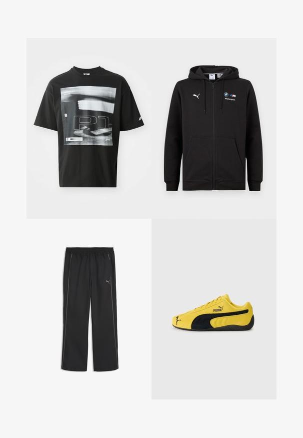 Sudadera negra con cremallera completa, capucha y bolsillos frontales, con el logo blanco de Puma y los logos de BMW M Motorsport en el pecho.; Camiseta de algodón negra con un estampado gráfico que incluye elementos de texto, como "FORMULA 1 RACING" y "P1". Cuello redondo y mangas cortas.; Pantalones deportivos negros con cintura elástica, bolsillos laterales, finas franjas laterales en contraste y el logo de Puma en el muslo derecho.; Zapatillas de ante amarillas con acentos de ante negro. Presentan una suela texturizada, diseño de cordones y el logo de Puma en el costado y la lengüeta.
