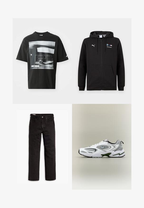 Sudadera negra con cremallera completa, capucha y bolsillos frontales, con el logo blanco de Puma y los logos de BMW M Motorsport en el pecho.; Camiseta de algodón negra con un estampado gráfico que incluye elementos de texto, como "FORMULA 1 RACING" y "P1". Cuello redondo y mangas cortas.; Vaqueros de mezclilla negros de pierna recta con cinco bolsillos, cierre de botón y trabillas para cinturón, dispuestos sobre un fondo blanco.; Zapatilla deportiva de running en blanco y gris, con paneles de malla, acentos verdes, detalles en negro y un logo en el costado, vista desde el lado exterior.