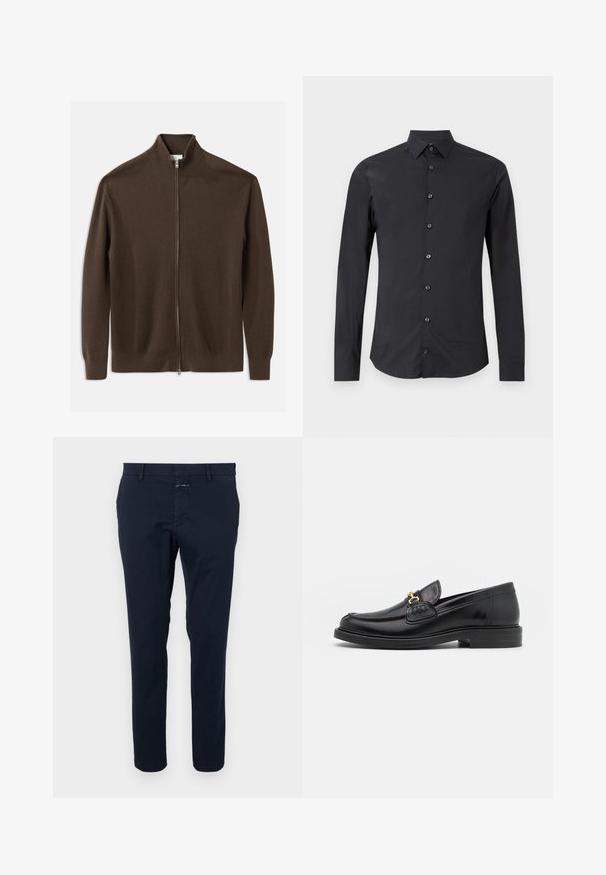 CLOSED ZIPPED CARDIGAN - Strickjacke - espresso brown; Schwarzes langärmliges Hemd mit Knöpfen und spitzem Kragen, flach auf weißem Hintergrund dargestellt.; Navyblaue Baumwollchinos mit slim Fit, flachem Vorderteil und Reißverschluss. Verfügt über seitliche Taschen und eine Gesäßtasche mit einem kleinen Markentag.; Schwarze Lederleter mit einer abgerundeten Zehenpartie, ausgestattet mit goldenen Hardwareakzenten und Stichdetails, auf einer niedrigen, strukturierten Gummisohle.