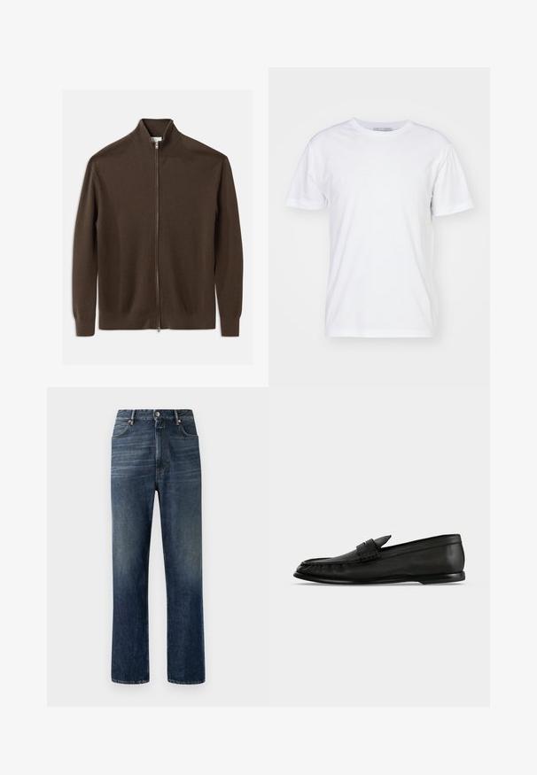 CLOSED ZIPPED CARDIGAN - Cardigan - espresso brown; Hvid bomulds t-shirt med rund halsudskæring, korte ærmer og lige snit. Ingen mønstre eller udsmykninger, glat tekstur og enkel design.; Mørkeblå denim jeans med lige ben, synlige syninger, fem-lomme design og sølvfarvet knaplukning i taljen.; Sort læderloafer med lav hæl og remdetalje over oversiden, vist i sideprofil på en lys baggrund.