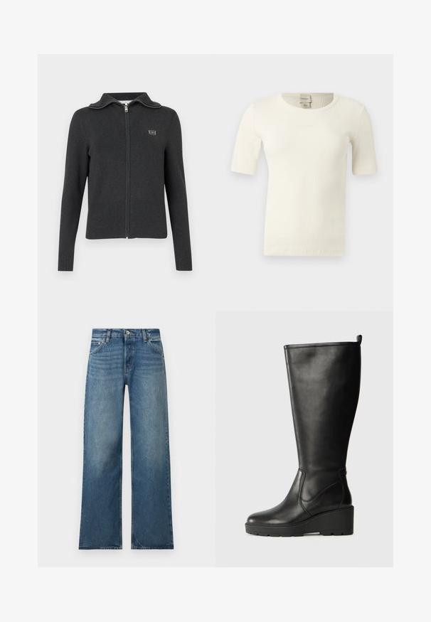 Grå zip-up sweater lavet af blødt strikket stof, med en ombukket krave, ribbede manchetter og kant, samt et lille logo på brystet.; Off-white, kortærmet ribstrikket top med rund halsudskæring og Calvin Klein-mærke på indersiden af kraven bagpå.; Blåvidde jeans med knap- og lynlåslukning foran, for- og baglommer og subtile falmede detaljer.; Sorte læder knæhøje støvler med vadesål, glat tekstur, sømløs design og en lille trækflap øverst for nem påtagning.