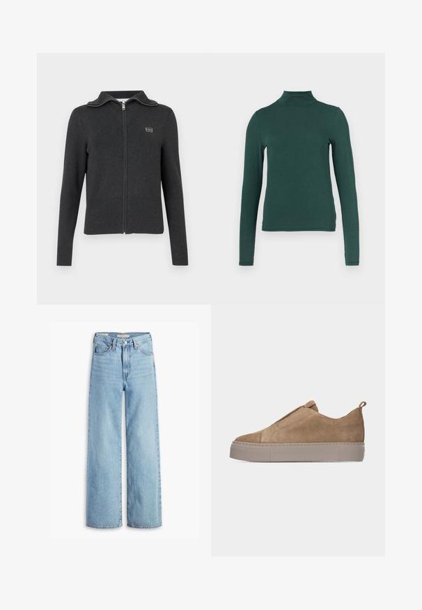 Grå zip-up sweater lavet af blødt strikket stof, med en ombukket krave, ribbede manchetter og kant, samt et lille logo på brystet.; Grøn langærmet rullekravebluse lavet af blødt materiale, med en tætsiddende form og minimalistisk design uden synlige mønstre eller hardware.; Højtaljede, lyseblå, vide bukser med knap og lynlås fortil, bæltestropper og fem lomme-stil.; Brun ruskinds slip-on sneaker med tyk beige gummisål, minimal syning og trækflig på hælen, vist i profil mod hvid baggrund.