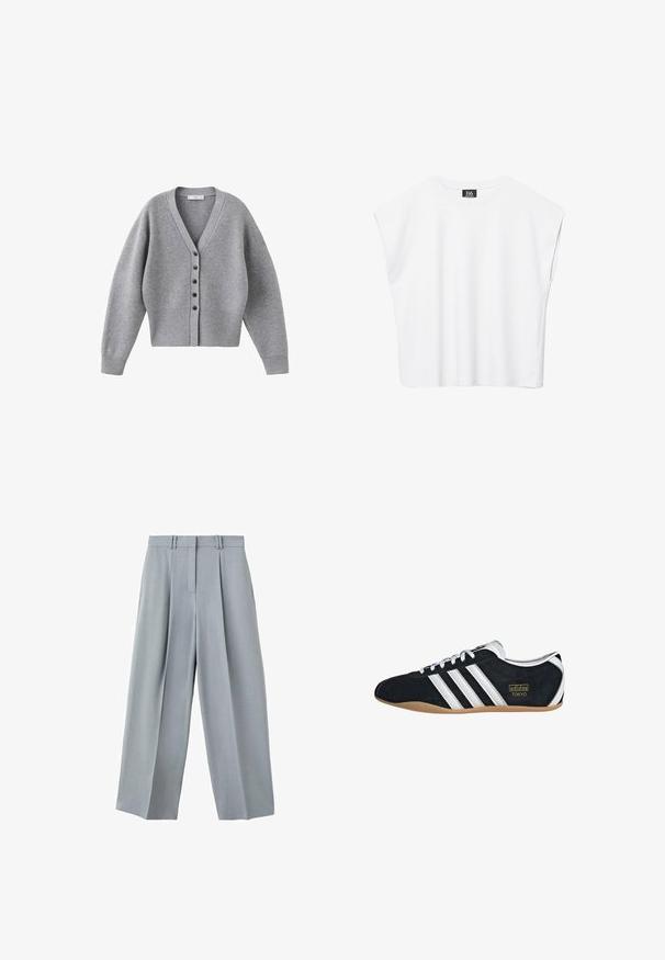 Cardigan gris avec col en V, manches longues et fermeture à boutons sur le devant. Confectionné en matière douce avec des accents côtelés aux poignets et à l'ourlet.; Haut court blanc sans manches à encolure ronde avec épaules larges et étiquette noire "B6" à l'intérieur du col.; Pantalon large gris clair avec plis sur le devant, passants pour ceinture et fermeture avant dissimulée.; Sneakers en suede noir avec trois bandes blanches, logo doré et semelle en caoutchouc marron. Présente un design à lacets à profil bas.