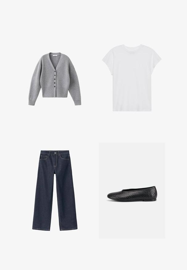 Grå cardigan med V-hals, lange ærmer og knaplukning foran. Fremstillet af blødt materiale med ribstrikkede detaljer ved ærmekanter og kant forneden.; Hvid kortærmet t-shirt med rund hals, afslappet pasform, lavet af blødt bomuldsstof. Glat tekstur, ingen mønstre eller logoer.; Mørkeblå denim bukser med vid ben, høj talje, synlige syninger, to forlommer og en knaplukning i taljen.; Sort tekstureret flad sko med rund tå og lav hæl, vist i sideprofil på en enkel lys baggrund.