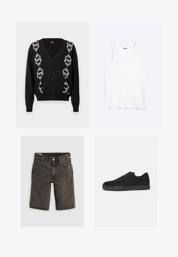 Schwarze Strickjacke mit Knöpfen und weißen Schlangen- sowie Würfelmustern, die vertikal an beiden Seiten der Vorderseite verlaufen.; Weißes ärmelloses Tanktop mit rundem Ausschnitt und Weekday-Markenetikett auf der Innenseite des hinteren Kragens, flach auf hellem Hintergrund dargestellt.; Dunkelgraue Jeansshorts mit regulärer Passform, ausgestattet mit fünf Taschen, einem Knopfverschluss und einem strukturierten Bund. Weicher Stoff, klares Design.; Schwarzer Low-Top-Sneaker mit Schnürung vorne und flacher Gummisohle, seitlich auf weißem Hintergrund dargestellt.