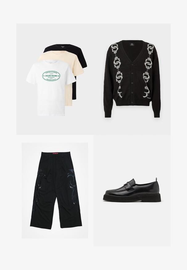 Sort knapcardigan med hvide slange- og terningemønstre, der løber lodret på begge sider af fronten.; Tre stablede T-shirts med rund hals i sort, beige og hvid, hvor den hvide T-shirt har grøn tekst "Jack & Jones Worldwide".; Sorte viddebukser med plisseret front, der har blanke sorte tribalmønstre på siderne og en rød mærketalje.; Sorte læder loafersko i stil med flad, tekstureret sål, med en syet tå og en rem over vristen.