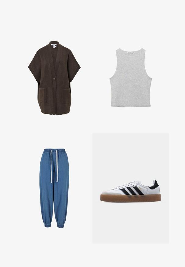 Donkerbruine cardigan van zacht breimateriaal, met een v-hals, korte mouwen, twee voorzakken en een enkele knoopsluiting.; Lichtgrijze mouwloze cropped tanktop met een ronde halslijn en zichtbaar merkembleem aan de achternek.; Blauwe denim joggerbroek met elastische tailleband en boorden, met witte aantrekkoorden in de taille.; Witte leren sneakers met zwarte strepen, gumrubberen buitenzool, ronde neus, vetersluiting en een zachte grijze suède neuskap.