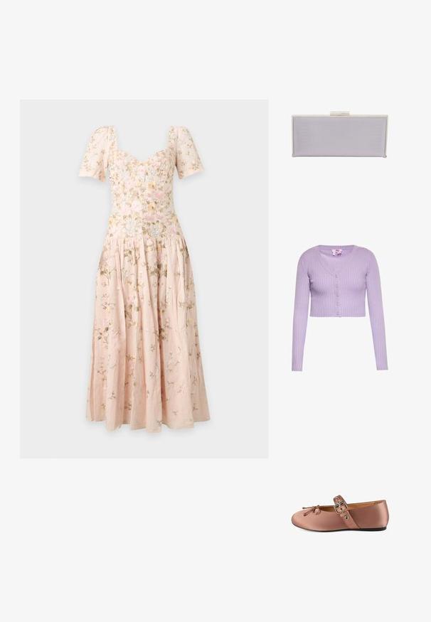 Lila geribbelde korte cardigan met lange mouwen, V-hals en vijf knopen aan de voorkant.; Lichtroze midi-jurk met pofmouwen, een hartvormige halslijn en fijne bloemrijke borduursels over de hele jurk.; Roze satijnen ballerina's met ronde neus, decoratieve strik en enkelband met een zilveren gesp en oogjes. Platte zwarte zool.; Rechthoekige lavendelkleurige clutch van textuurmateriaal met gladde randen. Voorzien van een zilveren klapsluiting aan de bovenkant.