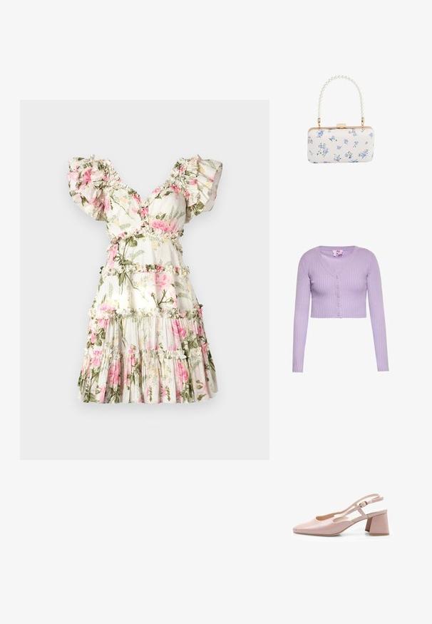 Lila geribbelde korte cardigan met lange mouwen, V-hals en vijf knopen aan de voorkant.; Bloemrijke jurk met een witte achtergrond, met roze rozen en groene bladeren. Gerimpelde mouwen, V-hals en een gelaagde rok met franje accenten.; Roze gepatineerde leren slingback schoen met een vierkante neus, verstelbare strap en blokhak. Glad oppervlak en minimalistisch ontwerp.; Witte rechthoekige clutch met blauw bloemenpatroon en een handvat van parelkralen met hardware in goudtint en een sluiting met klemsluiting.