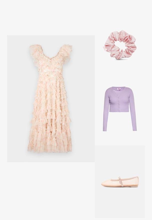 Fliederfarbige, gerippte, kurz geschnittene Strickjacke mit langen Ärmeln, V-Ausschnitt und fünf Knöpfen vorne.; Needle & Thread DITSY LOLA BACKLESS BALLERINA DRESS - Cocktailkleid/festliches Kleid - moonshine pink; Hellbeiger flacher Schuh mit spitz zulaufender Vorderkappe und einem einzelnen seitlichen Schnallenriemen, präsentiert auf weißem Hintergrund.; Rosa Satin-Haargummi mit glatter Textur, verfügt über ein gerafftes Design und ein kleines Etikett mit dem Markenlogo. Kreisförmig für die Haarstylings.