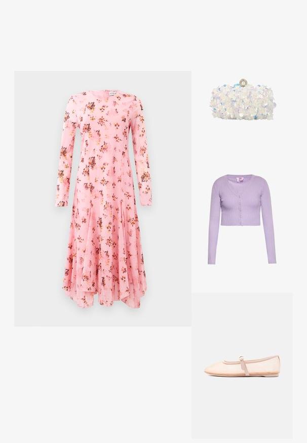 Lilla ribstrikket cropped cardigan med lange ærmer, V-hals og fem knapper foran.; Langærmet pink kjole med blomsterprint, der har rund halsudskæring og flagrende kant. Letvægtigt stof med en glat tekstur.; Lys beige flad sko med spidst tåparti og en enkelt rem med spænde på siden, vist på en ensfarvet hvid baggrund.; Hvid clutch-taske dækket med iriserende blomsterapplikationer og perleaccents, med perlelås øverst.